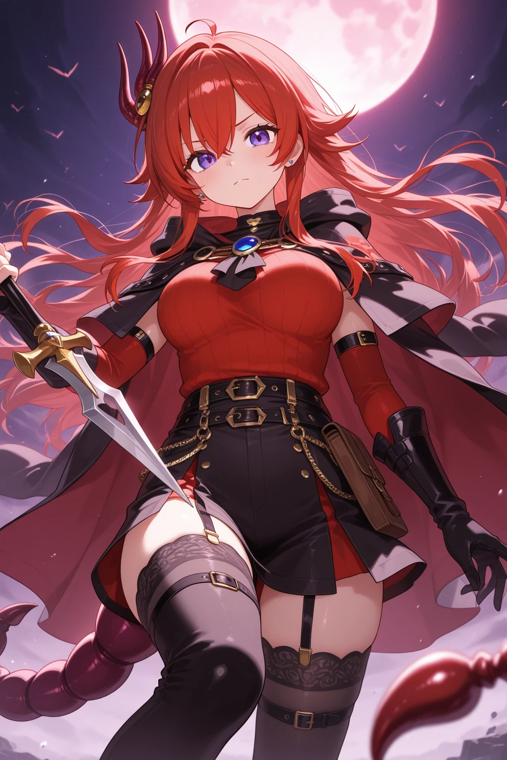 1girl,Skinny,breast small,standing,villain pose, scarlet red hair,hair scarlet red and crimson red hair, medium hair,ahoge,aqua eyes,green eyes,White skin,smug,happy,grin,tunic,hood, bikini armor, cape,thigh strap,boots, medieval armored boots,skirt,earclip,choker,fingerless gloves,leg belt,Forest Background,Medium Shot,Black,Green,Gray,Brown,forest,Leather Armor,Magic Robe,Man POV,Larissa, Demongirl, Amber eyes, Red Hair, Short, Hair, eyeliner, cuerpo completo, view from afar