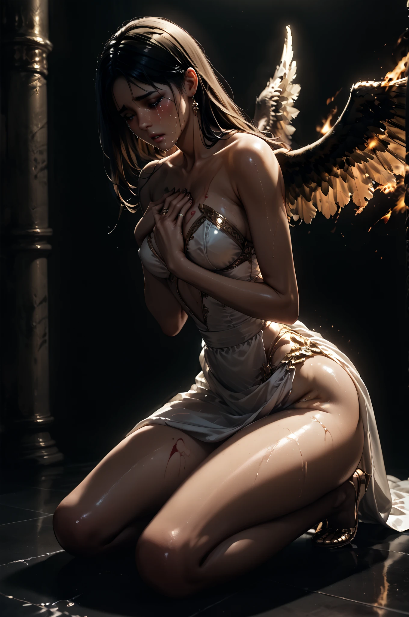 Best image quality comic book cover, Masterpiece manga illustration, Angel sex-training pit, young winged Angel being trained in the carnal arts, ((beautiful sexy 18 years old female Angelic girl with legs spread wide in (((sex position)) being raped, having sex))), (((wearing (big) metal slave collar))), ((wearing metal shackles on wrists)), ((BDSM harness)), ((((hands chained behind her head)))), ((hanging from chains)), struggling to break free, ((big heavy breasts)), ((extremely beautiful detailed face)), ((sweet cute very young face)), (skin covered in sweat), (((extremely angry expression))), ((furious)), (((bright Angel halo hovering above her head))), ((shapeless hairstyle)), ((cowboy shot)), gothic fantasy, ((Award-winning Manga illustration)), (Hyper-detailing), (Complicated details), (High resolution Manga artwork 8k), Fantasy style, depth of field,((create depth with atmospheric lighting)),wide wide shot, ((use atmospheric and volumetric lighting, cinematic lighting)), Dark chiaroscuro background, (vibrant colors), (((NSFW)))