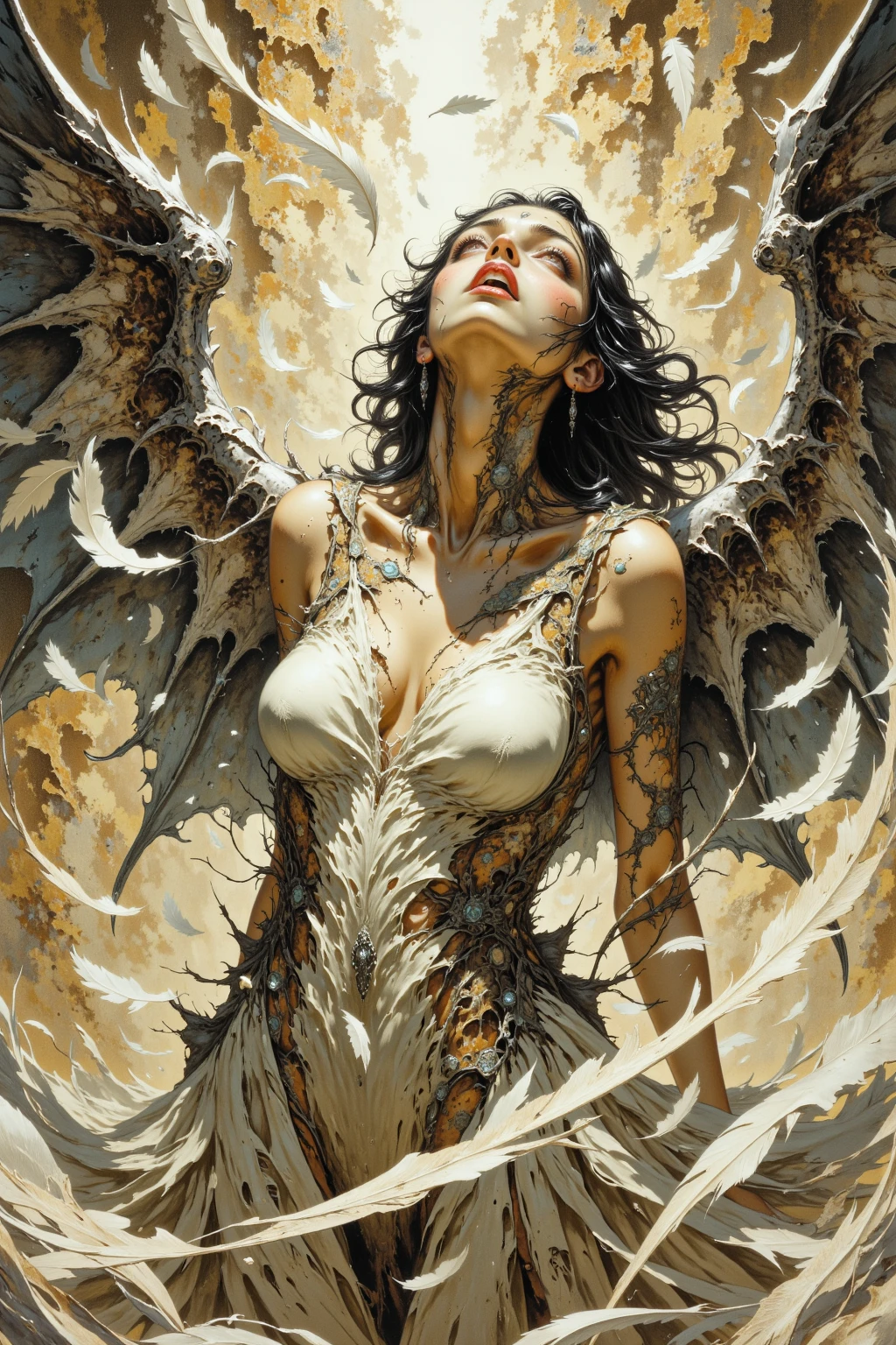 houjuu nue, asymmetrical wings,Wambu, Wambu_Draws, (art inspired by Bill Sienkiewicz). oil painting)
