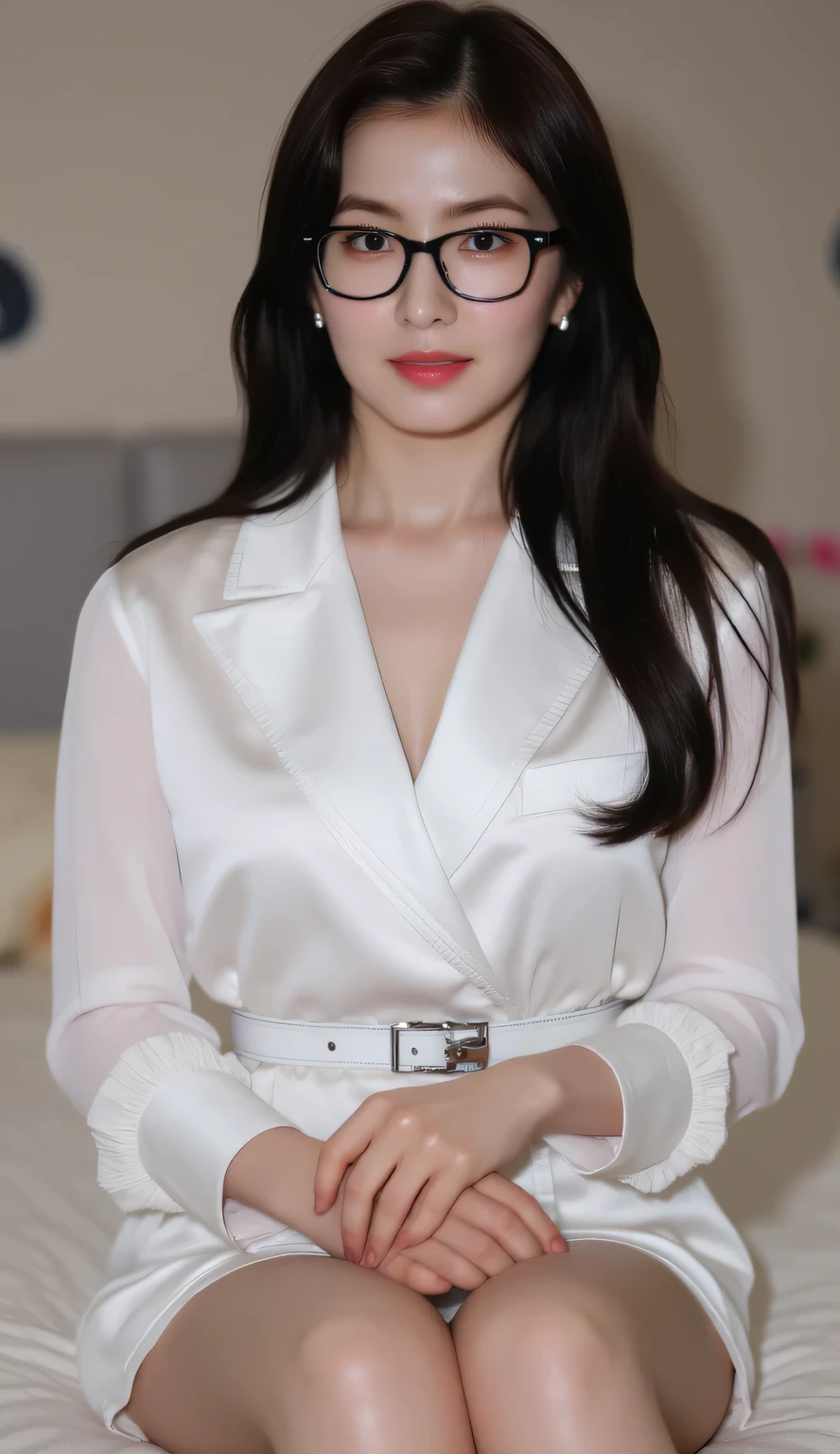 an adult woman, MILF, sit strapping on a bedroom mattress,  Face looking towards the camera , using a buttoned formal shirt of white satin material,  underwearless, bottomless, black color glasses, payudara besar, lipstik merah, messy hair to shoulder black color