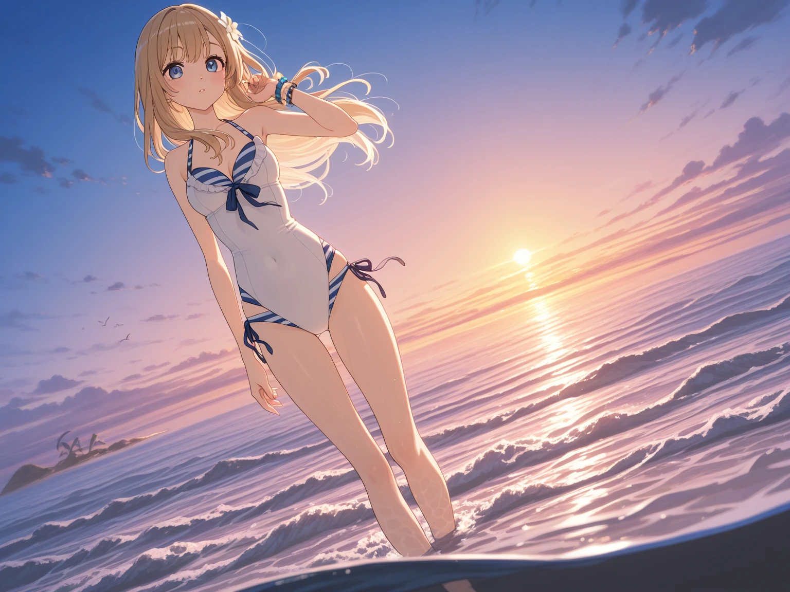 Wavy blonde、red eyes、Beautiful girl alone、swim wears、a moon、sea side、natta