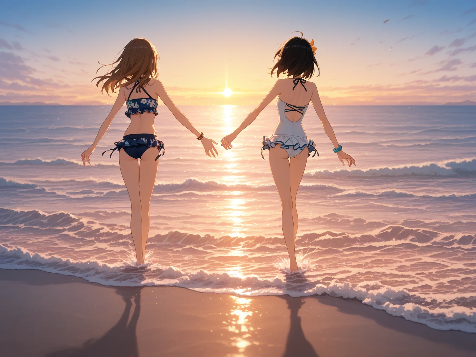 obra-prima, melhor qualidade, filme ainda, 2girls, garota nuvem, floating into the sky, close-up, brilhante, feliz, Soft lighting and Warm, sun sunset, beira mar,  (Sparks: 0,7)