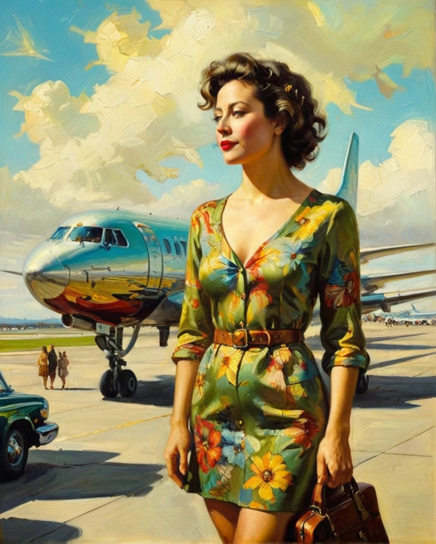 realistic painting ((((In the style of Robert McGinnis)))) a Japanese woman sitting in door of Hughes D-500 helicopter,  Jason Stratham in the pilots door window, lots of detail, mixture, (white background:1.2) (digital art:1.3)
