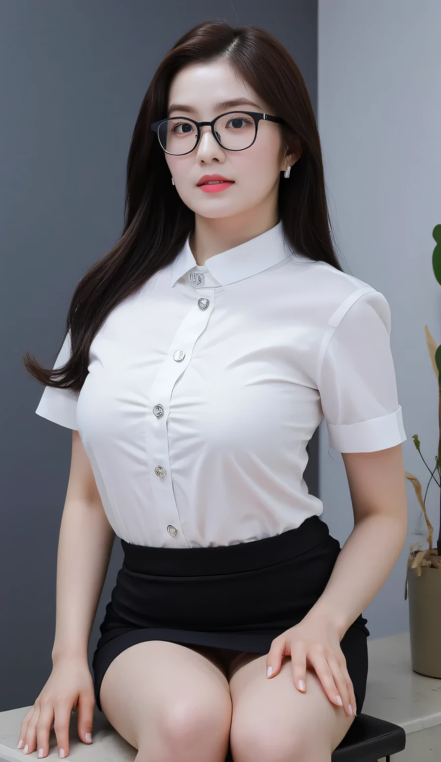 an adult woman, MILF, sat strapping on an office desk, Face looking towards the camera , using V neck buttoned shirt short sleeve satin material in white, short pencil skirt of satin material of black color, black color glasses, payudara besar, lipstik merah, messy hair to shoulder black color