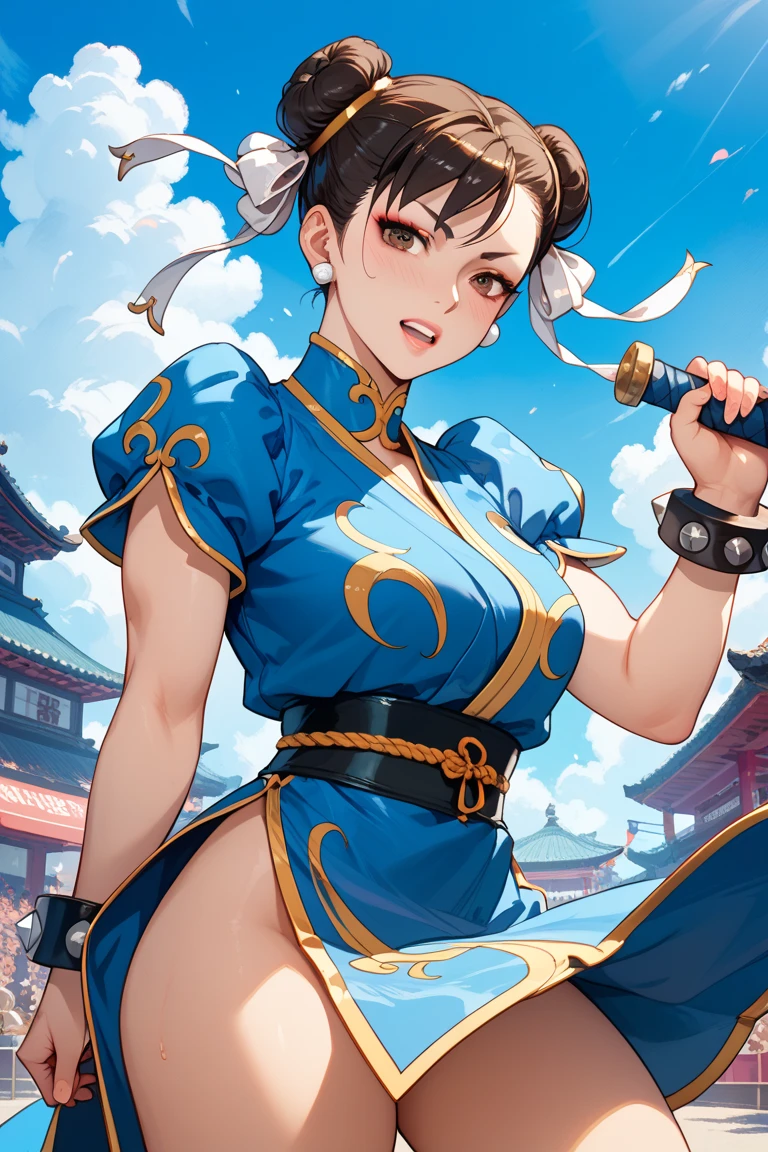 Street Fighter chun li, Perfect eyes, Perfect Iris, Retro outfit,full body view,Acrylic art by Artgerm and Gediminas Pranckevicius, intricate, highly detailed, crispy quality, dynamic lighting, hyperdetailed and realistic., 8k, UHD, HDR, (Masterpiece:1. 5), (best quality:1. 5) Model: jim EIDOMODE