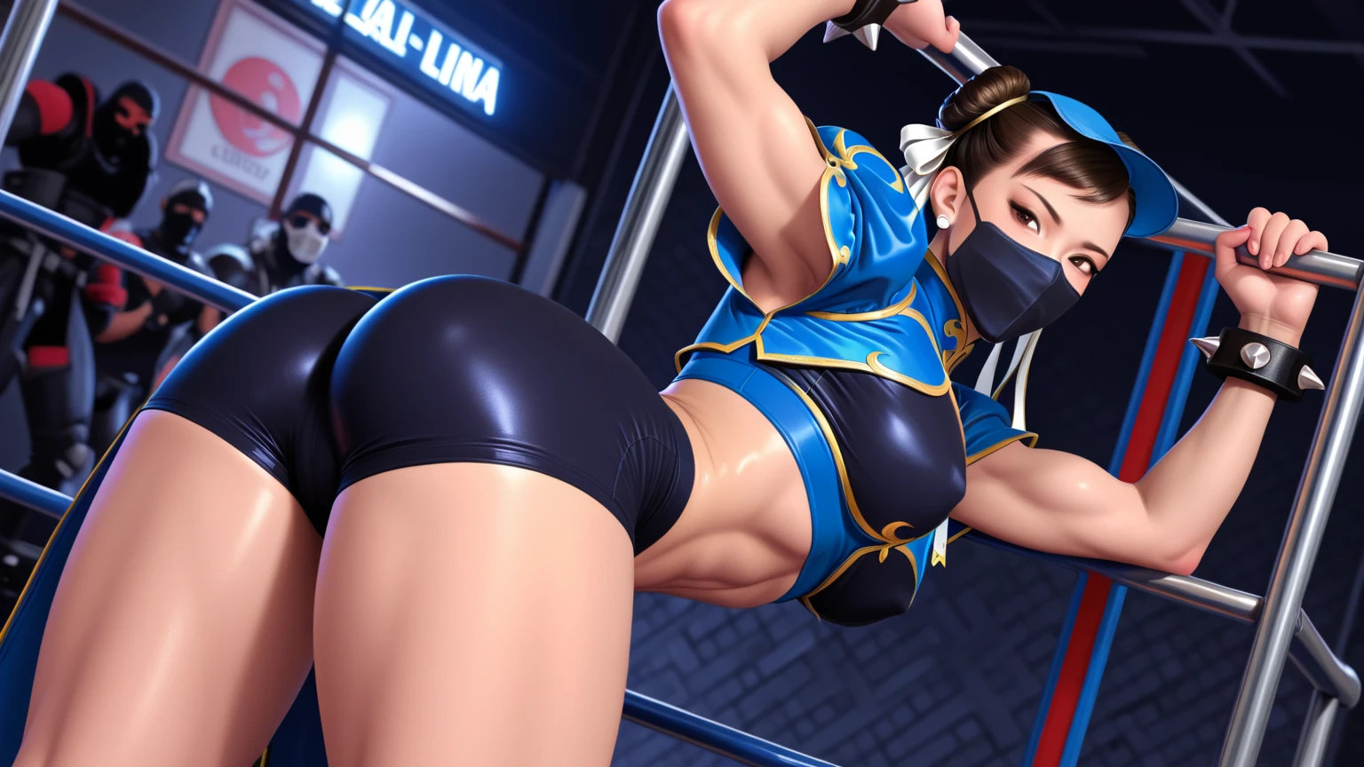 anime woman in blue underwear lifting a barbell in front of a wall, chun li at the gym, cutesexyrobutts, chun li, chun - li, chun-li, portrait of chun - li, most strongest pose, portrait of chun li, thicc, thighs focus, heavy gesture style closeup, sfw version, sf5 ink style