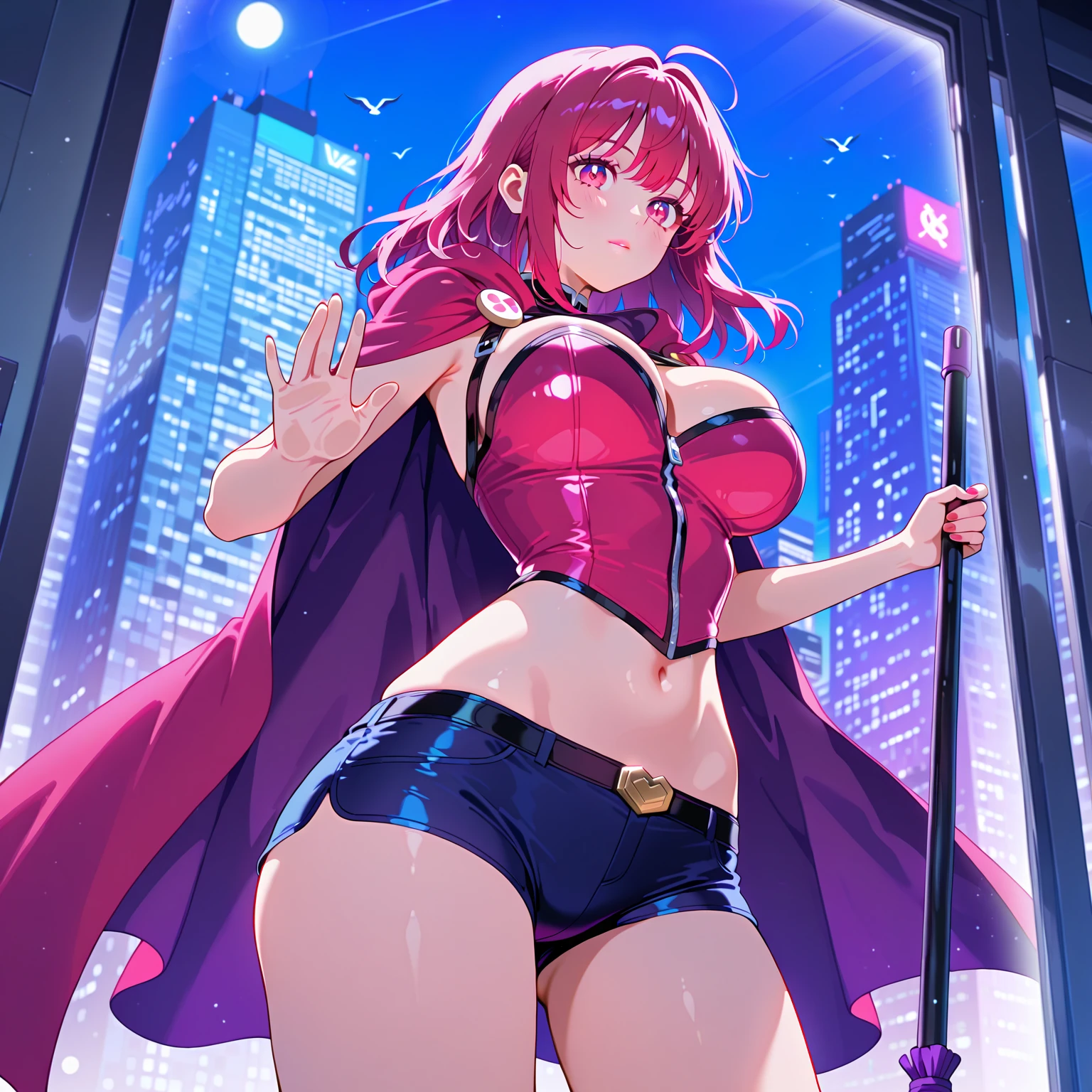((a woman with red hair, red eyes, short hair)),((big breasts)),((with a blue cape)),((red gloves)),((hand on her hip)),only with red underwear ,in a city