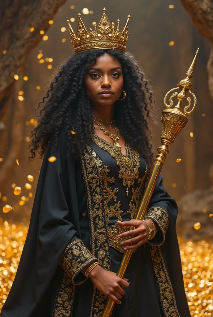 modelshoot style, (extremely detailed CG unity 8k wallpaper), full shot body photo of the most beautiful artwork in the world, medieval queen, green vale, dark skin, black woman, golden crown, diamonds, medieval architecture, professional majestic oil painting by Ed Blinkey, Atey Ghailan, Studio Ghibli, by Jeremy Mann, Greg Manchess, Antonio Moro, trending on ArtStation, trending on CGSociety, Intricate, High Detail, Sharp focus, dramatic, photorealistic painting art by midjourney and greg rutkowski