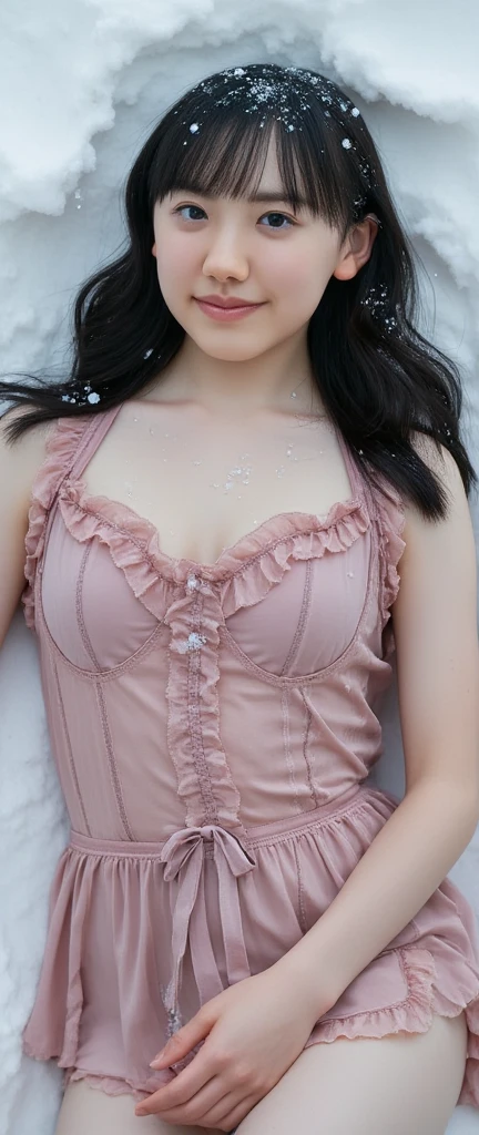 Small bikini type thin lingerie with white or pale pink areas,thin chest, ( Small breasts :1.3),A-cup breast