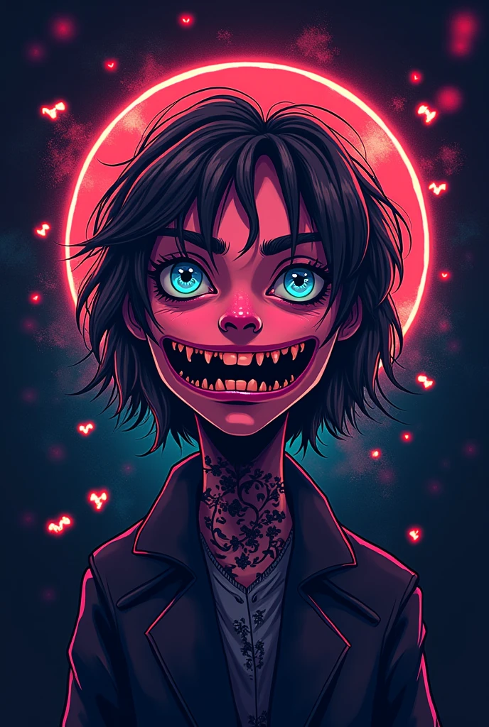 nightmare、psychedelic、Space is distorted、colorful、dream-like、The colors are noisy、A distorted silhouette of a person、Grinning