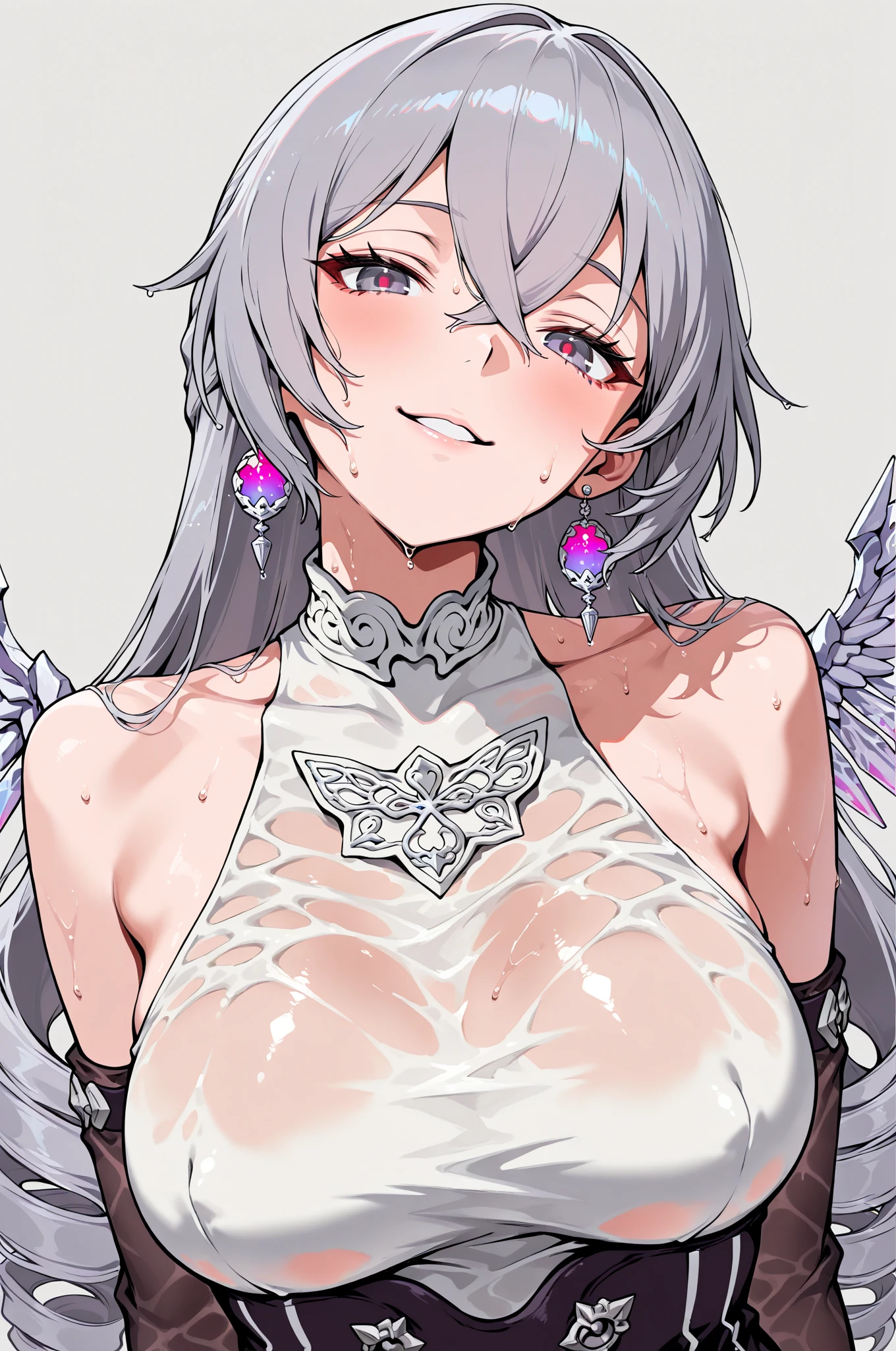 1girl, ((long)) white hair, violet eyes, big breasts, lie on sand, beach, white bikini, sunglasses, smirk, angel wings on back