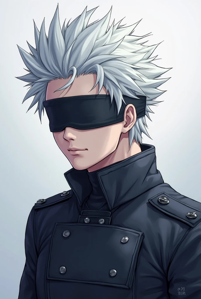 20 year old boy with white hair, Blindfolded with a black bandage, with a black compression shirt, hair like toji, estilo Jujutsu Kaisen
