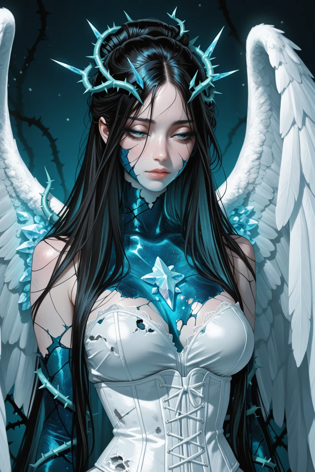 Black and white and blue and red,(Best Quality, Ultra-detailed, High resolution, extremely details CG),Wide Shot,The dead angel stands on the edge of the cliff,She is so beautiful,She likes blood and the sea,Bloody Rain, Mystical,cultist, Convoluted, Surreal,Delicate