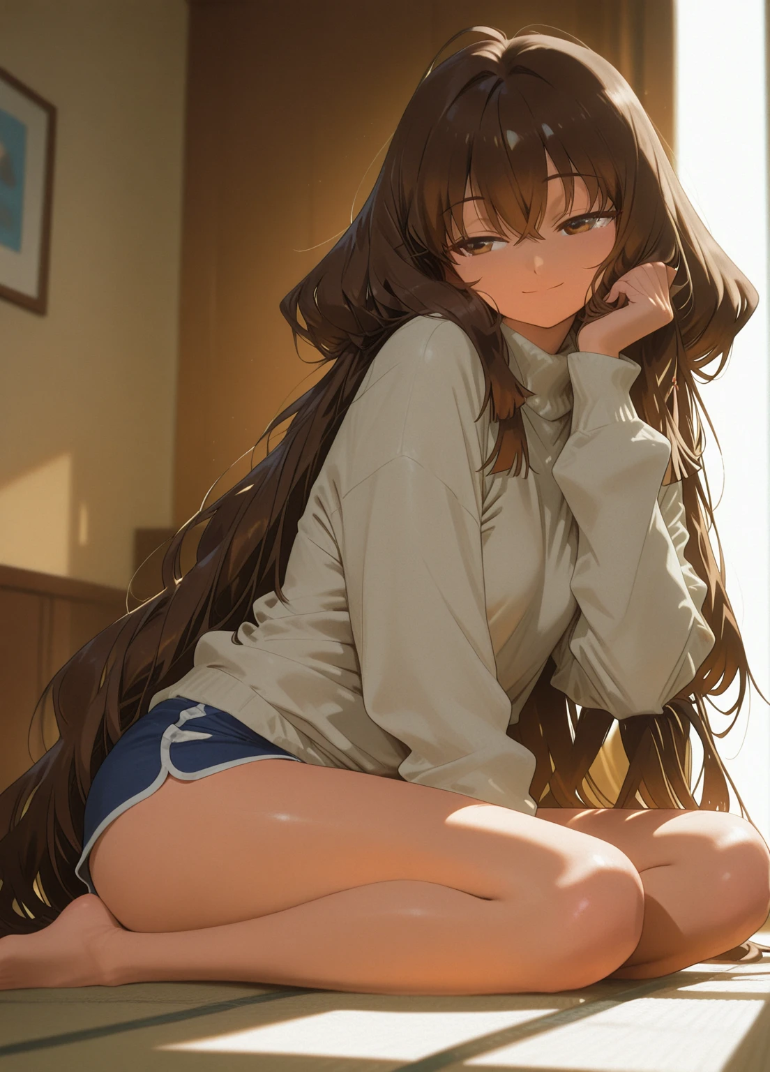(A beautiful girl), (very sexy), (lies on the floor), (looks at me), (her legs are spaced apart), (her intrusive panties are very clearly visible), (she has brown hair), (with hazel eyes), (and a very sexy body), (her breasts are big), (her face is cute),(she up her legs in the air).