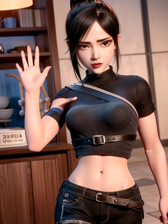 score_6_up, score_7_up, score_8_up, score_9, masterpiece, perfect face, perfect hands, high quality, 1girl, red micro skirt, black hair, black eyes, mole under eye, twin braids, (dark skin) looking at viewer, perky breasts, nipples, topless, solo, butt, seductive, sexy, facing viewer, front view