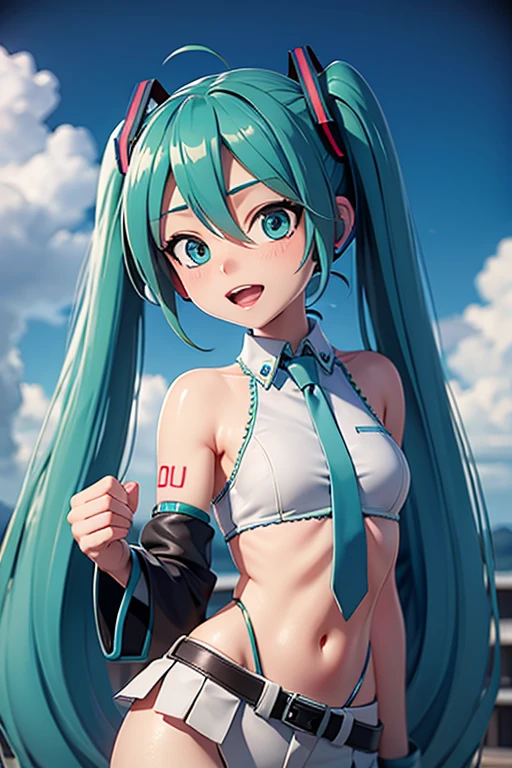 Super detailed, NSFW, masterpiece, High resolution, Photorealistic digital art, perfect lighting, (((1 girl, perfect anatomy))), accurate right hand, accurate left hand, five fingers, perfect style, shy smile, (hatsune miku,) 3d face, big light blue-green eyes, glossy lips, blue-green long hair, shiny skin, (((twin tails))), big square hair accessories, ((Juliet)), Focus on the groin, outdoor,
