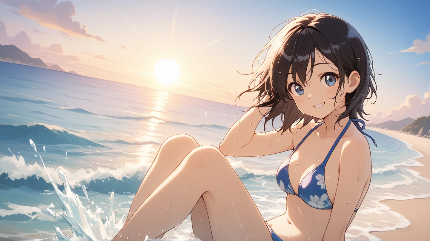 Official Art, wallpaper, Very detailed, (((Very detailedな目と顔))), Realistic portraits, (Highest quality, masterpiece, High resolution), (High resolutionスキン: 1.2), 8K UHD, Backlight, Background Blur, smile, One woman, Woman in bikini sitting, Strong sunlight, A beach with a glittering blue water surface, In the distance, the European cityscape looks small and hazy., sunny, Summer sunshine, Wet Skin, Sandy Beach