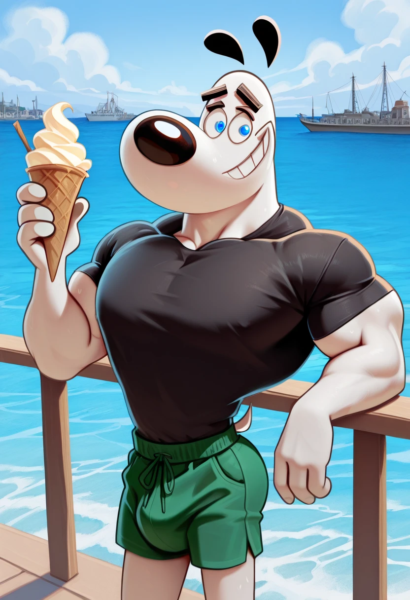 (detailed fluffy fur, fur, furry body:1.2), (by chunie), Jasper, a dog, round eyes, round nose, small pupils, smile, white hair, earrings, jean shorts, nsfw, party, martini in hand, sexy pose, high quality, absurd res, photo manipulation, photography \(artwork\), detailed, thick thighs, bulge, standing, Looking at viewer, tank top, gay, uploaded to e621, <lora:Jasper:1.2>
