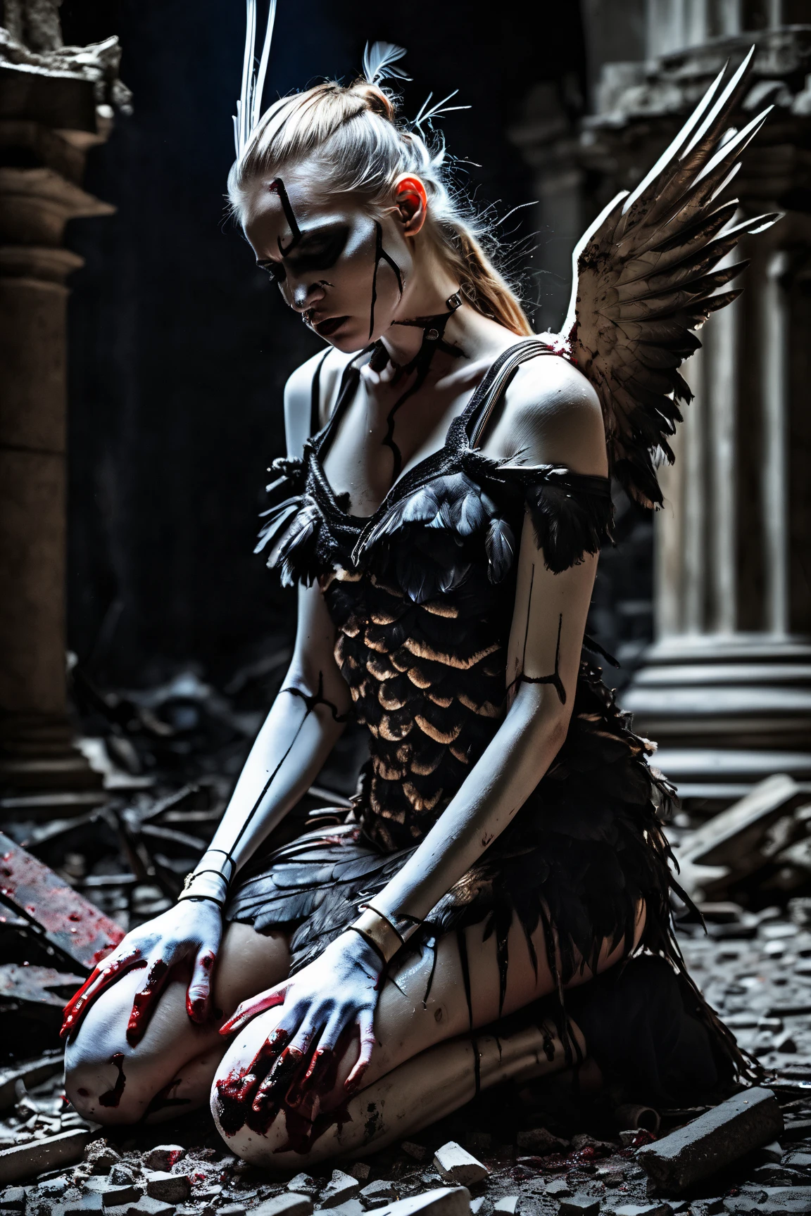 Fine matte painting, skeleton dark angel big wings haunted castle on drawing table full of knives, horror, spookiness, scary, secret horror, tentacles, vines, eyes, uncanny valley effect teeth, limbs, animals, blood moon