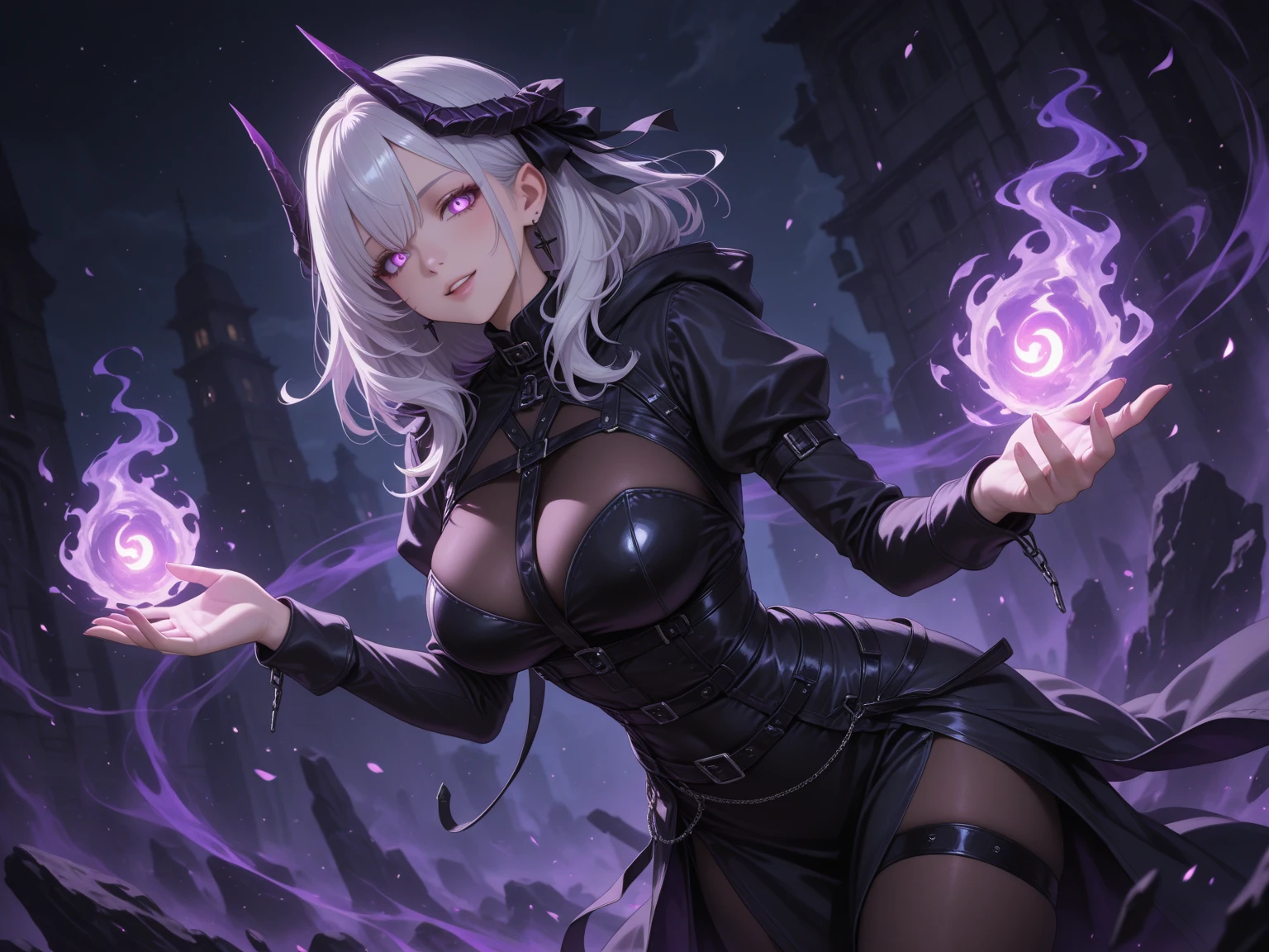 8k, masterpiece, best quality, highly detailed, 1 girl, tiefling, warlock, multicolored hair, very short straight hair green highlight hair on white hair, strippled hair, wearing glasses, round glasses, earrings, long dress with side cut, lace dress, red eyeshadow, long eyelashes,navel piercing, blushed cheek, necklace, collarbone, high heels, mole, glamorous, purple and teal clothing, villainy, smirk, seductive face, close up view, rings, looking at viewer, standing, demon horns, solo, hand touching cheek, school, black lace gloves, holding book, sensei, miniskirt.