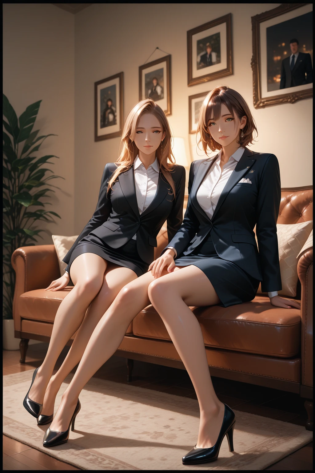 (Masterpiece, Professional lighting, 16k, 8k wallpaper, raw photo, photorealistic:1.8, ultra detailed, natural gentle lighting, detailed skin, detailed face, detailed eyes, textured skins, cinematic composition, detailed background:1.2 ), (MB, Group shot, 2girls, 2 secretaries inside bank office, full body), multiple girls, young girls, See through:0.6, ultra detailed face, slender body, beautiful skin, straight hair, luxury furniture, sitting down, identical business suit with tight skirt, panty under pantyhose, high heels, upturned eyes:0.9, looking at viewer, sexual suggestive, earrings, embarrassed, flaunted, smile, updo, straight hair:0.8, formal room, wide window, skyscrapers, pen, documents, Charly Jordan
