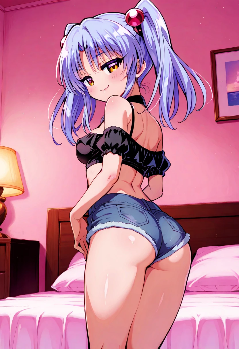 (butt), (bedroom), (sexy girl), masterpiece, best quality, full body, 1girl, bangs, blush, breasts, collarbones, ear piercings, eyebrows visible through hair, (gradient gray-pink hair), jewelry, long hair, looking at the viewer, piercings, (half-naked), (striped underwear), (bra), (panties), bright eyes, ring, (solo), illustration, fashionable, woman, posing, background, elements, confident, expression, holding, accessory, majestic, rolled, around,  touch, attention-grabbing scene, larger, focus, dynamic pose