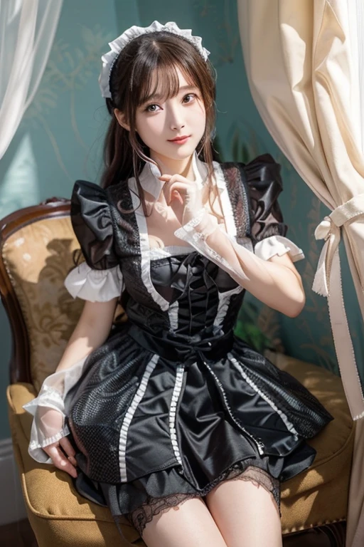 (masterpiece、highest quality、ultra high resolution、Award-winning work、8K)、one beautiful maid、gorgeous victorian maid dress、Luxurious long skirt black and white maid outfit、huge black and white maid dress、maid's headband、frilly apron and black and white maid uniform、smile looking at me、standing elegantly、Standing maid、perfect makeup、long eyelashes、brown hair、Very short curly hair、Small cleavage、small and soft breasts、slender、super high detail skin、Photo above the legs、Luxurious kitchen in a classic mansion、gothic interior、antique interior、stately mansion、accurate anatomy、natural and perfect furniture arrangement
