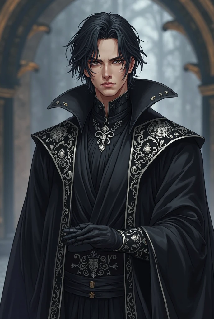 absurdities, High resolution, ultra detailed, HdR, masterpiece, Extremely detailed face and eyes, medium black hair, disheveled, bushy eyebrows, White skin, serious, expressive blue eyes, detailed eyes, LOOKING AT THE SPECTATOR, 1 man, elegant, black magic shit, masculine, sorcery clothing, dark aura background, background skulls, Complete plan