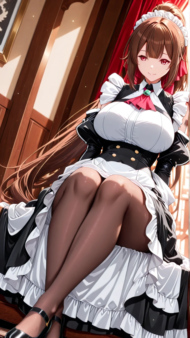 Highest quality, masterpiece, Adult women,8 heads,Long sleeve maid outfit,Without skirt,Brown Hair,Long Hair,Bedroom,Sit in the corner of the bed,Spread your legs、Leg spread,White tights,White garter belt,White shorts,I can see your pants,A seductive smile, Plump thighs