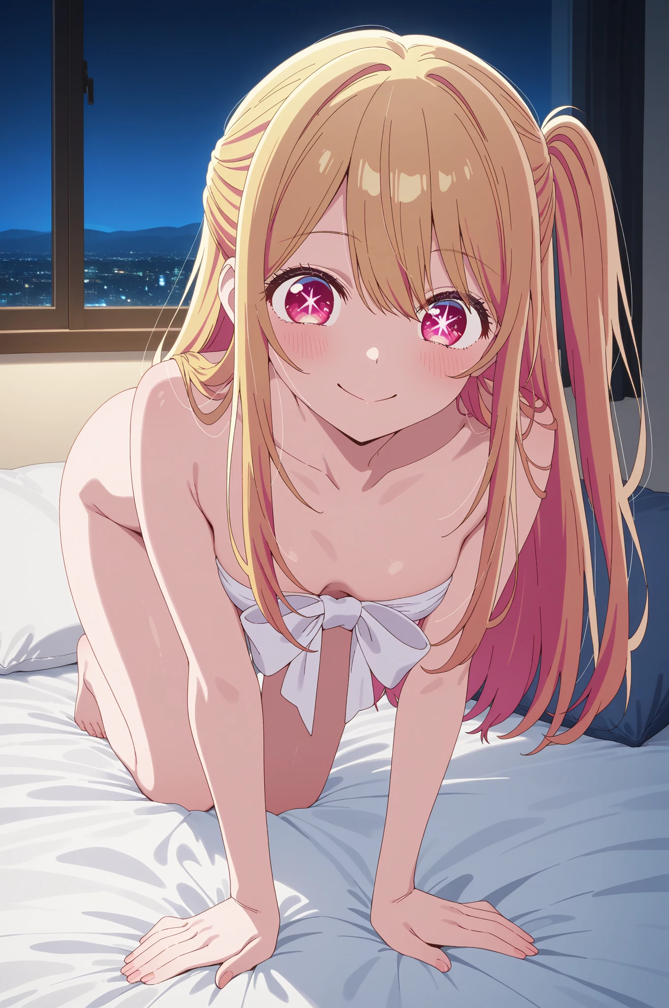 indoor,(night),Japanese-style room,steam,1girl,Rika Jougasaki,Yellow and orange hair hoop, yukata,undressing,pussy,orgasm, blush,,blush,(naked),((Small breasts)),((1boy,vaginale,Sex,penis in pussy,)),Woman on top