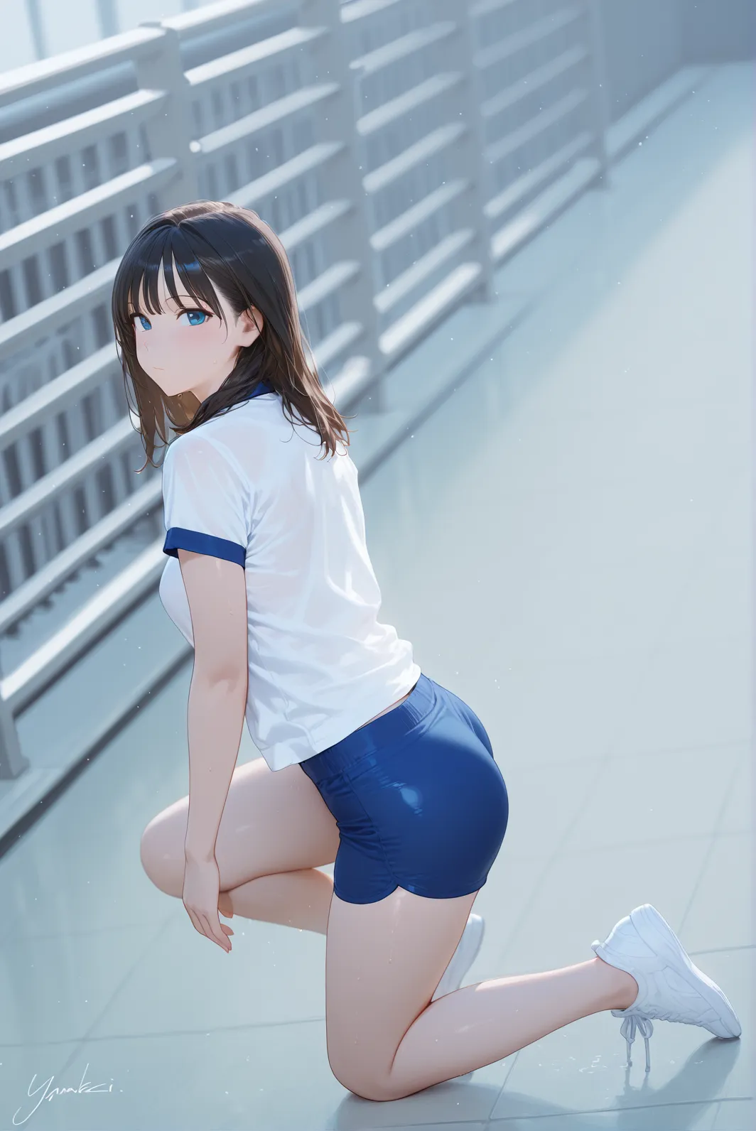 Haruna Sairenji、To Love-Ru、Blue Hair、Bobcut、Hairpins x 2、Show your forehead、high school girl、White gym clothes、Bloomers、Wet gym clothes、first round、Embarrassing、blush、（（（ＳＦＷ、sound、Highest quality、first-clasasterpiece、Normal body、8k、Detailed face、Ultra-precision、Normal hand、Normal finger、５Finger、Highest）））、Full body view、School、Behind the gym、rain、Outdoor