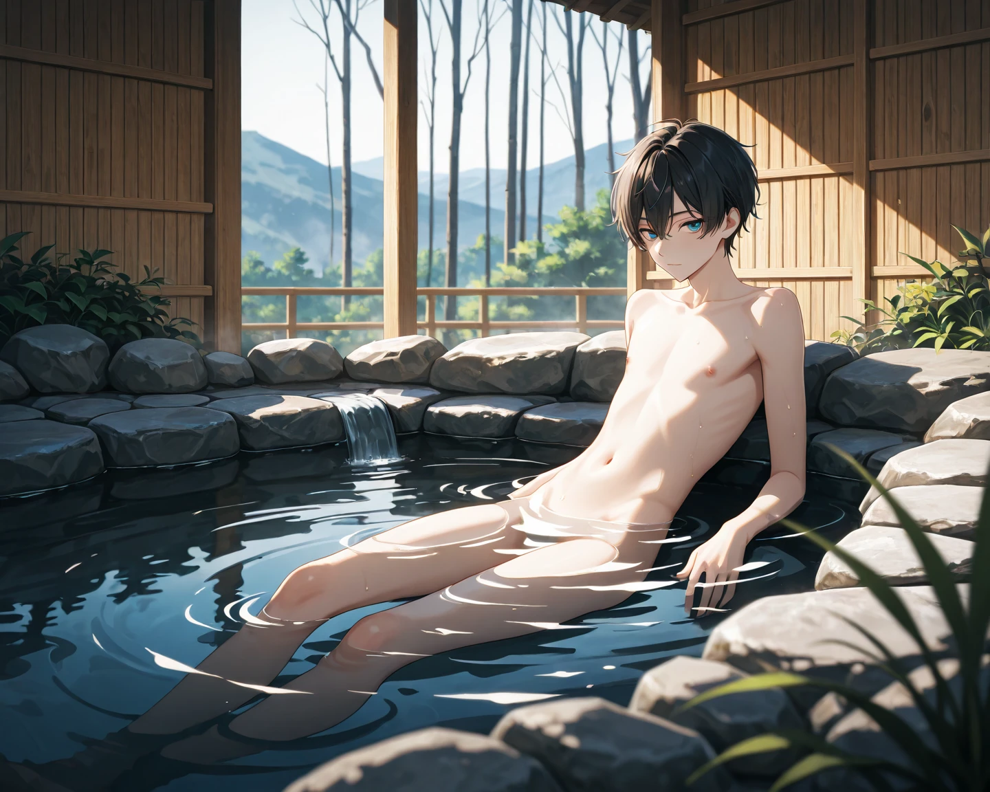 1 young man, spread legs, pale skin, seductive shapes, sexy pose, anime boy hanging in the air on vines, open anus, a large amount of white viscous liquid, without underwear, a lot of water, a member stands, caresses himself, jerks off, rubs a member, inserts fingers into himself