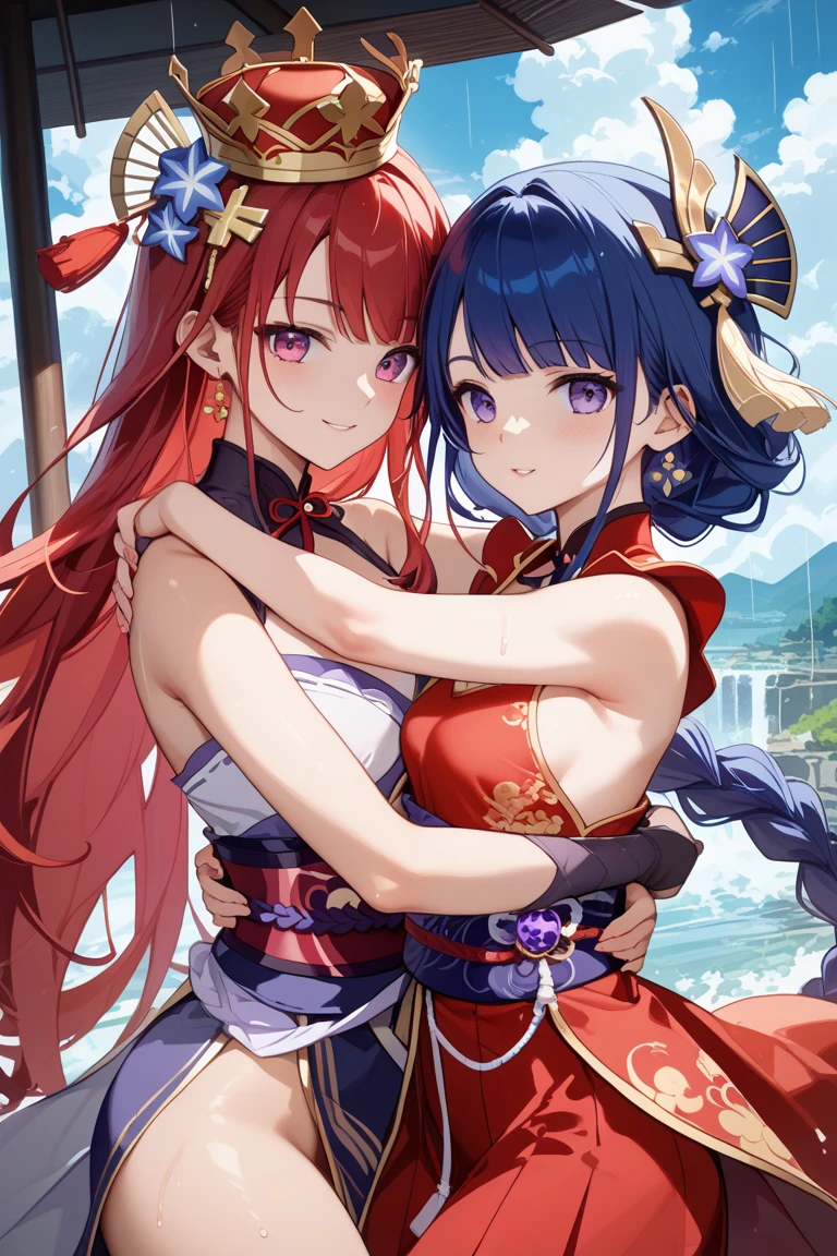 To celebrate the New Year, a high-quality anime illustration featuring a rising dragon and a beautiful Japanese shrine maiden performing a joyous dance, The image captures the traditional red and white colors with a touch of gold, set in a bright scene with a top-down perspective, The main subjects include the ascending dragon and the shrine maiden, symbolizing the auspicious start of the year. The maiden, in a traditional outfit, gracefully dances with a sacred fan, surrounded by the uplifting presence of a dragon, The background showcases a Shinto shrine with Mount Fuji and plum trees, adorned with the effects of spring flowers in the air. The atmosphere is filled with joy and a sacred aura, perfect for welcoming the New Year,  (The background is rich and delicate)