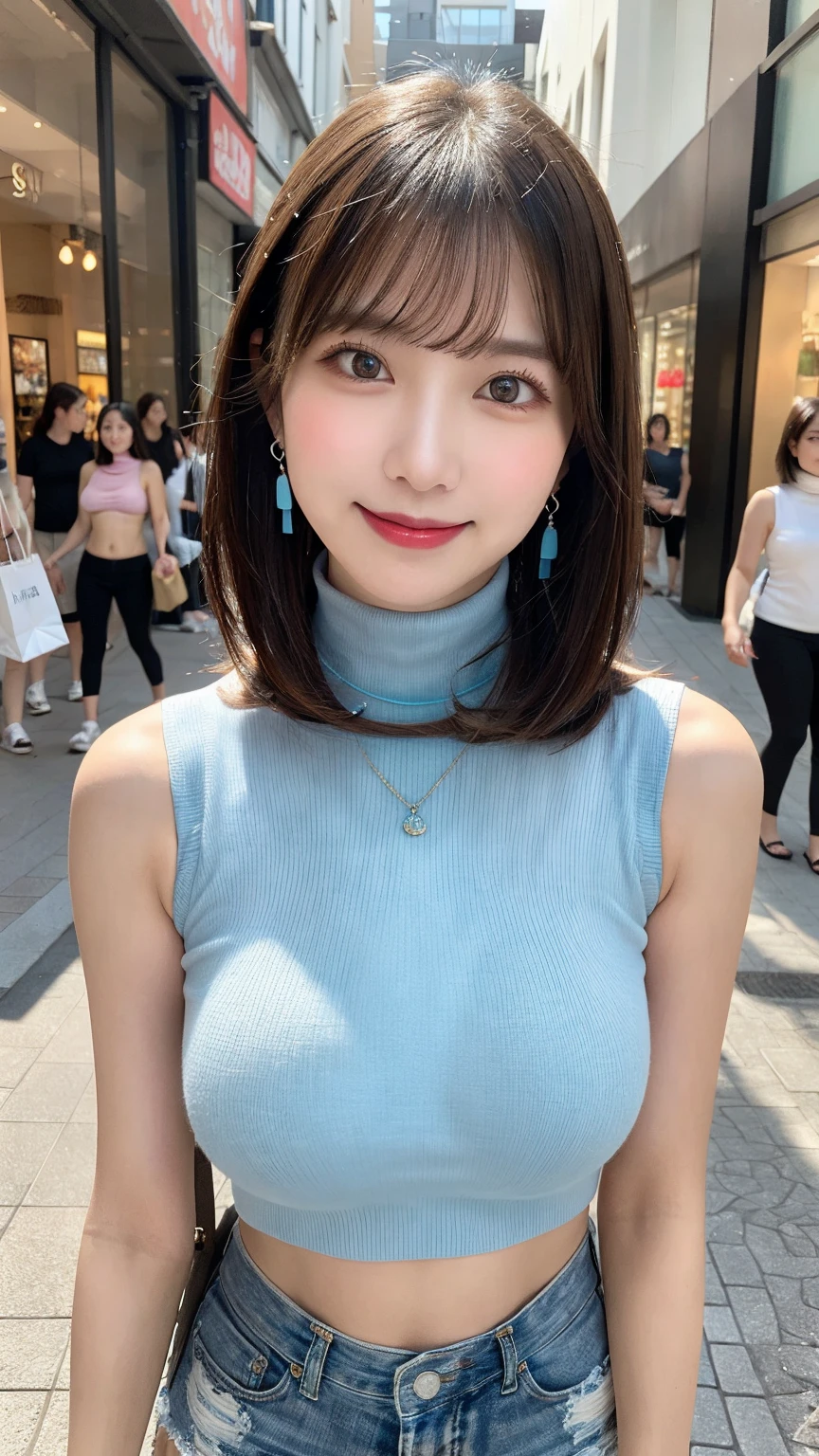 On the table, Highest quality, shape, Very detailed, Finer details, High resolution, 8k wallpaper, Perfect dynamic composition, Beautiful and delicate eyes, pain,Medium Hair, Big Breasts, Natural color lips, Casual and sexy pose,smile,Aoyama Pedestrian Street、Sleeveless dress、20-year-old girl、Slim shape