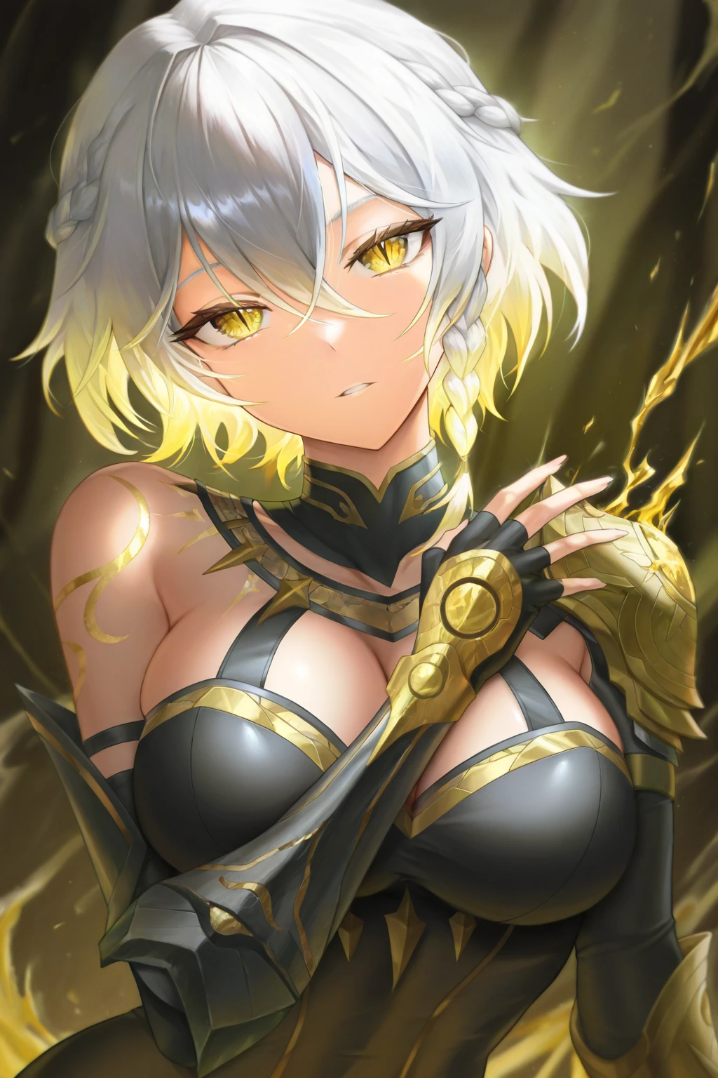 ((((masterpiece, best quality, high resolution)))), Extremely detailed 8K, Beautiful girl with voluptuous body, (Ultra HD, Ultra-detailed, Highly detailed, Highly realistic, Ultra-realistic, photograph realistic), (1girl:1.5), (Realistic white hair), (short wavy hair, hair ornaments, earrings), (dynamic poses), facing at camera, looking at viewer, (blushing red, embarrassed), (purple eyes, sharp eyes), (perky breasts:1.2), (beautiful detailed face, beautiful detailed eyes), ((broken armour, breasts plate, thighs)), (standing up), sweat, glow, (sunbeam, sunlight), ((cowboy shot)), inside dungeon, seductive