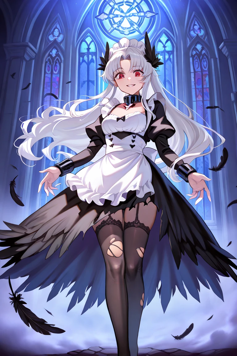 masterpiece, best quality, highres, al1, demon horns, slit pupils, white gloves, white dress, bare shoulders, detached collar, cleavage, black wings, feathered wings, low wings, cowboy shot, standing, dungeon, evil smile, reaching out, 