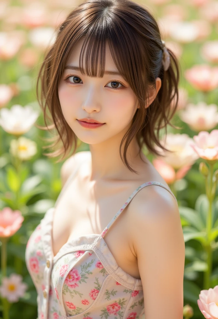 masutepiece, Best Quality, Illustration, Ultra-detailed, finely detail, hight resolution, 8K Wallpaper, Perfect dynamic composition, Beautiful detailed eyes, Women's Fashion Summer,Medium Hair,Small breasts natural color lip, Bold sexy poses,Smile,Harajuku、20 years girl、Cute、Sexy shot looking at camera