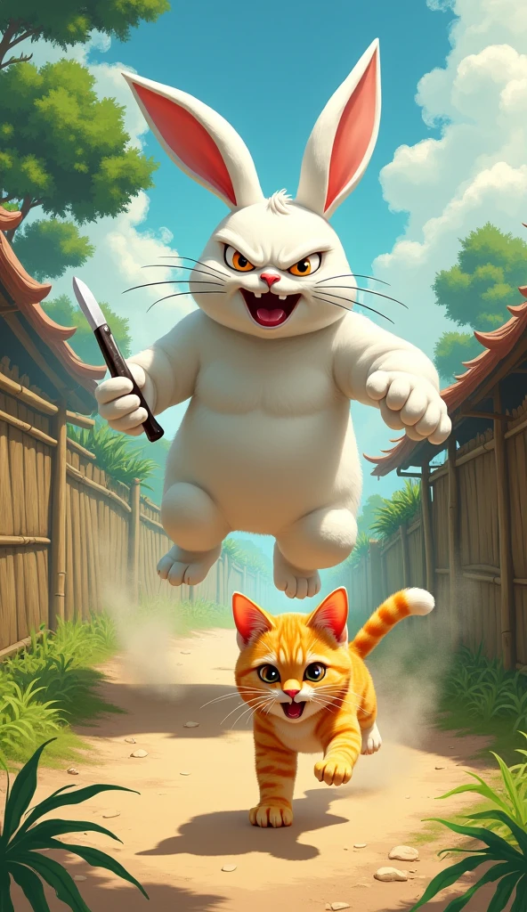 lucky cat,White in color and the typical golden coin on the head. The cat is lively./drawing The cat has an axe in its hand and its face is chilling The cat has blood on its paws Animated/drawing Creepy and happy face