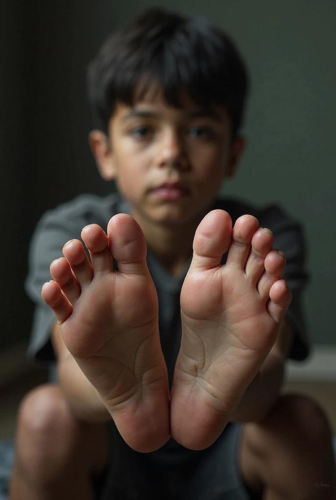 Boy rubs barefoot boy's feet