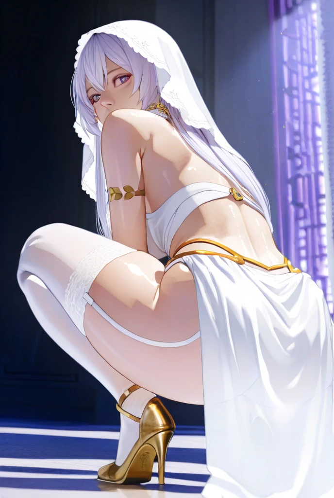 Irisviel,Sheer Cold Shoulder Sleeveless Dress,Single,Looking at the viewer,beautiful smile,arm at side,,beautiful necklace,Angle from behind,looking at viewer from behind,,beautiful butt,Shining legs
