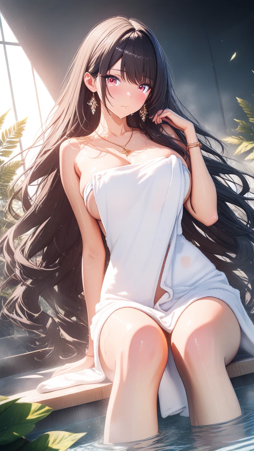 Stunning Chitanda, There is only one beautiful girl,purple eyes, black hair, Naturally straight hair, straight bangs,extremely refined,lips open,flowing long hair,Peerless beautiful girl, dreamlike,Slim,soft, (Sensual), (kawaii), Dream quality,white dress,On the rooftop,Big breasts,bare shoulders,Clavicle exposed,bare neck,Bare thighs,Exposing the groin,camel toe,bare legs,barefoot,extremely shy,ultra high resolution, (masterpiece:1.2, best quality), (Exquisite and beautiful eyes: 1.2), (Beautiful and delicate face)