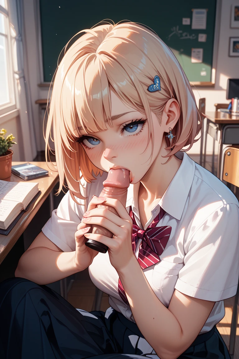 (masterpiece, Highest quality:1.4), (beautiful, beautiful, perfection, delicate, Complex:1.2), (cute, Adorable), (Depth of written border:1.2),
BREAK,
(1 Girl, alone), colorful, Bright colors, perfection female form, perfection face, Glossy pink lips, Expressive eyes, eye shadow, eyeliner, light brown colored hair, Short Hair, Glasses, Huge natural breasts, Narrow waist, abdomen, belly button, (Sexy look:1.4), (sexy white ornate open shirt), Shiny skin, teasing, sexy black ornate stockings, High heels, (open mouth wide), (painful face), (((drool))), girl puts it in her mouth,
BREAK,
1man, penis, {{fellatio}}, deepthroat, (((pov deepthroat:1.5))),
BERAK,
classroom, nsfw,