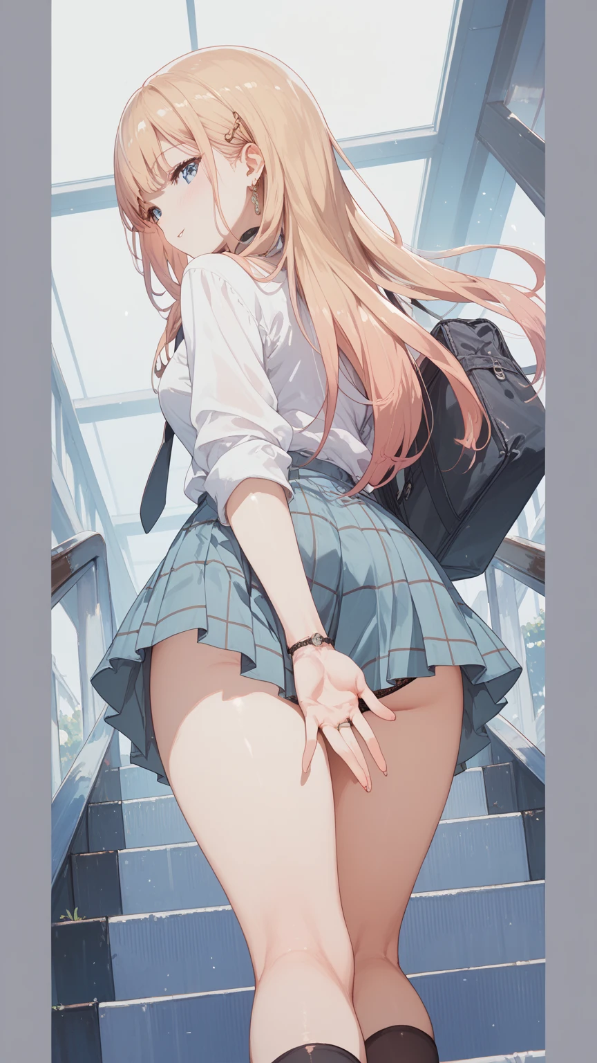masterpiece, highest quality, High resolution, kitagawa marin sb, The centre of gravity is at the rear, 1 girl, Blonde, Long Hair, Colorful Hair, Red eyes, jewelry, Earrings, Earrings, , White shirt, tide shirt, black choker, Blue tie, Checked skirt, (full body), lace black panties,(Showing panties:1.3), (Back view:1.3), (Looking back:1.5), Outdoor, shopping