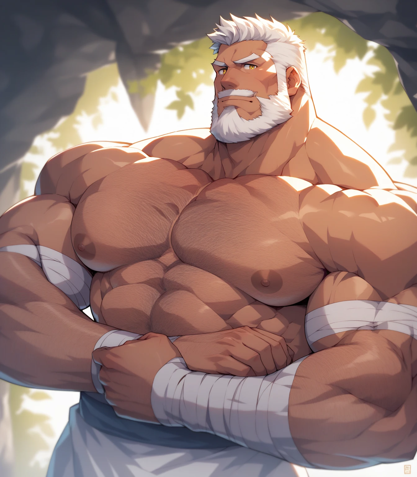 solo, 1boy, perfect anatomy, ground view, wrinkles skin, low shoot, down view, perfect proportion, thick body, thick thighs, sharp eyes, big eyes, smile, perfect fingers, big hand, fingers. Huge Muscular Old man with short hair, karate uniform, Please sit down in the dojo,(red shorts), view from side, pectoral, thick arms, huge pectoral, wide pectoral, white hair, white beards, masterpiece, semirealistic:1.2, high detailed, 8k, high resolution, perfect center, full view. ((really big muscle, massive muscular, sixpack, thick arms, wide pectoral, super huge muscle, hyper muscular, over sized muscle, huge arms, big arms, huge pectoral))