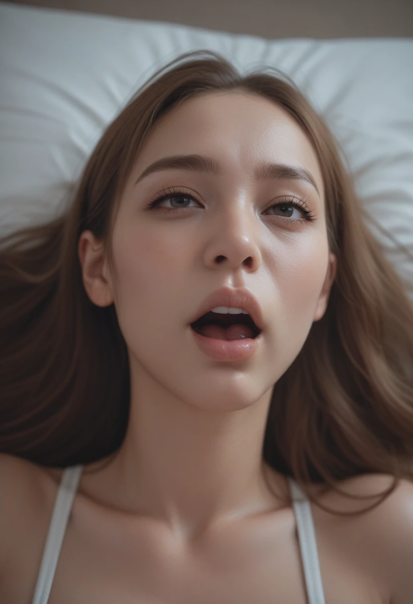best qualityer, work of art, ultra high resolution, (photorrealistic:1.4), CRU photo, 1 girl yawning, sleeping in bed,, dark hair, dramatic lighting, whole body, bitch, microbiquini, Breasts huge, evil