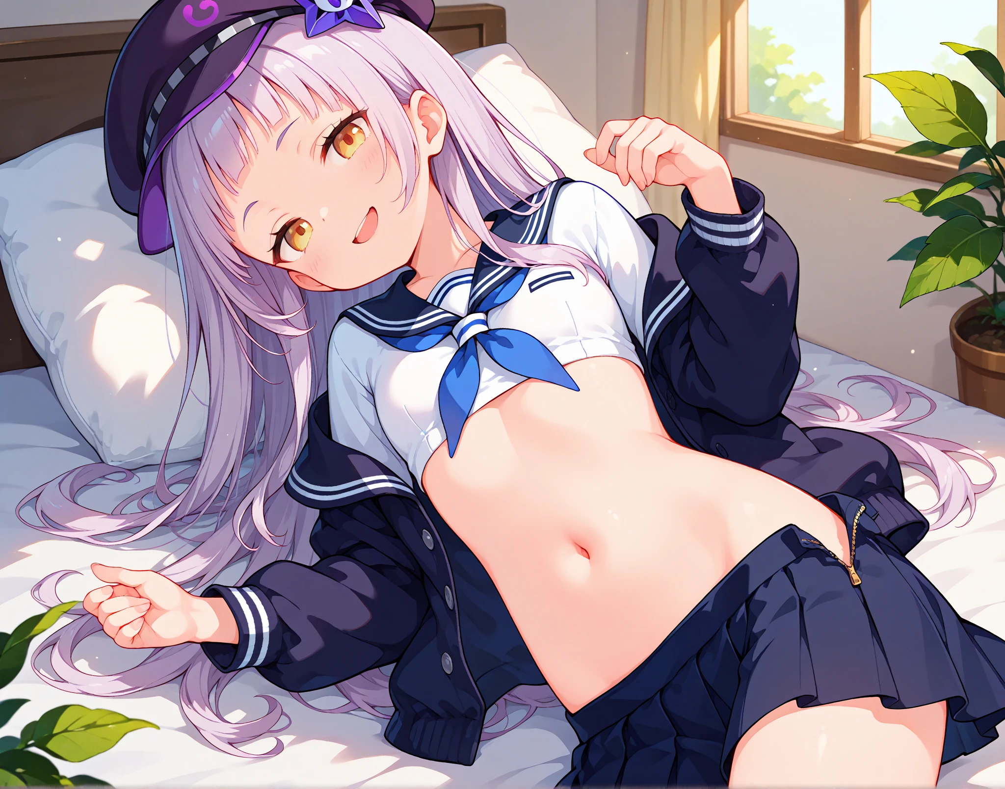 {{{NSFW}}},(masterpiece:1.2),(ultra quality:1.2),(ultra detailed:1.2),(ultra-high resolution:1.2),(very fine 8K CG wallpaper:1.2),Mejiro McQueen \(umamusume\),{1 girl,beautiful girl,cute,smile,kawaii, lovely,blushing,playful expression},sharp focus,oily skin,beautiful detailed hair,glossy hair,(wear school uniform:1.5),(lying on the bed:1.2),wear long school skirt,perfect two legs,(spread two legs:1.2),(show-off-white-panties:1.3),five fingers,large breaths,wear black pantyhose,beautiful detailed eyes,jewel like eyes,violet eyes, (two hands behind head:1.1),open mouth,armpits, solo,beautiful navel, looking at viewer,collarbone,earring