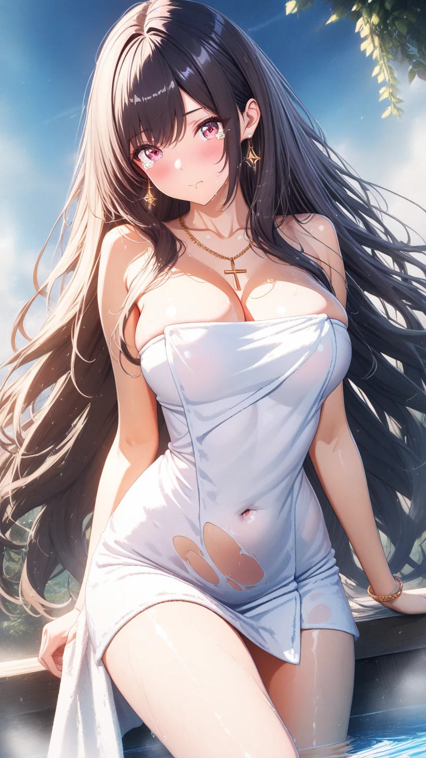 A woman in a dress and stockings standing in front of a tree, wedding dress, off the shoulder, long wedding veil, necklace, jewelry, (skirt parted in front), thigh highs, (panties:0.9), big rounds breasts, dark brown hair, long bangs, long hair, ponytail, wavy hair, expressive hair, shiny hair, hair flower, ribbon, aqua eyes, glowing eyes, pupils sparkling, earrings, smile, glossy lips, blush, embarrassed, nervous smile, beautiful detailed face and eyes, perfect anatomy, standing, outside, jewelry, high detail, anime, anime style, cinematic lighting, dithering, image fill, wallpaper, game cg, perspective, Wide-Angle, f/1.8, 85mm, Sony FE GM, 8k, super detail, UHD, retina, masterpiece, accurate, anatomically correct, textured skin, high details, best quality, highres, 16k