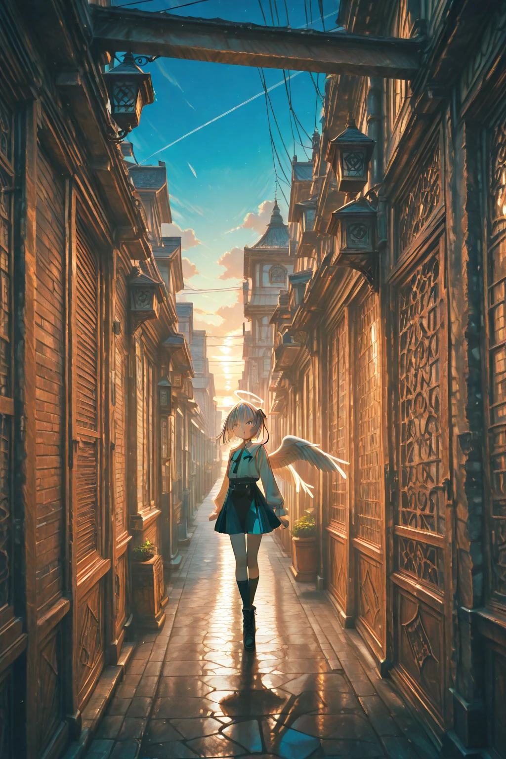 artistic style by hayao miyazaki, child with a braid and white hair, a yellow snake with wings around him, empty city scene, yellowish lighting --auto --s2