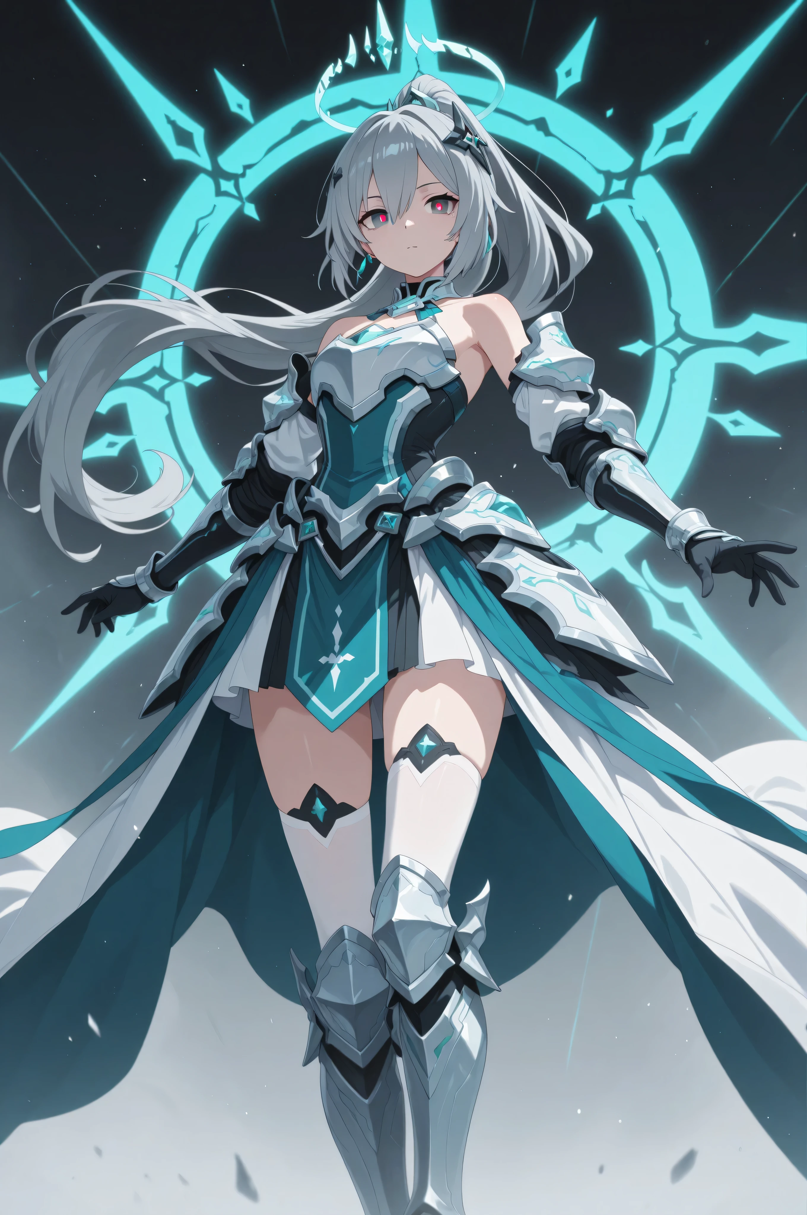 1girl, white hair, red eyes, long hair, twin tails, hair ornament, feathers, flat chest, leotard, Clothing Cutout, elbow gloves, Thighhighs, armor, gauntlets, greaves, armored boots, smile, outdoors, castle, full body, dutch angle, hand on hair, looking at viewer, smile, open mouth, wind <lora:Mashu:0.8> <lora:Illya_IQ2:1>, score_9, score_8_up, score_7_up, score_6_up, score_5_up, score_4_up, BREAK source_anime, masterpiece
