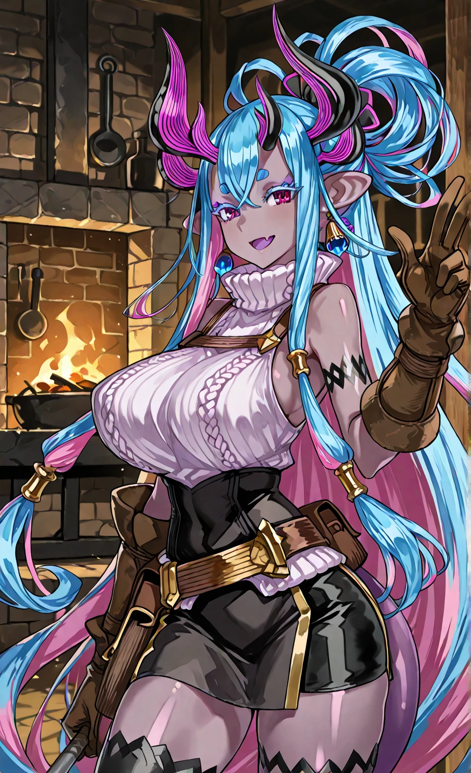 succubusxl,pink hair,demon horns,demon tail,pointy ears,pink eyes,
solo,standing,smiling,
thigh high,detached sleeves,necktie with bell,wrist cuffs,purple crop top,pink underwear,
tavern,cape,
<lora:Succubus:0.9>,
